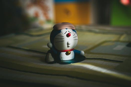 A Doraemon toy figurine with soft lighting and shadows, creating a vintage look.
