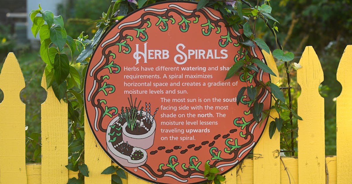 Colorful herb spirals sign on a yellow picket fence in Covington, Kentucky garden.