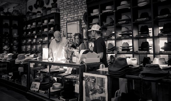 Classic black and white image of customers browsing a vintage hat store.