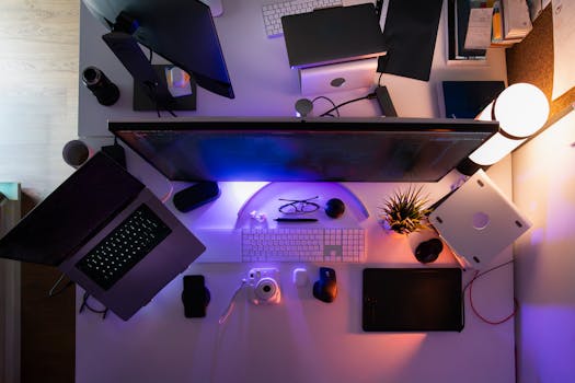 Stylish overhead view of a modern workspace featuring gadgets and vibrant lighting.