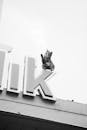 Playful Cat on Rooftop Letter Sign in Black and White