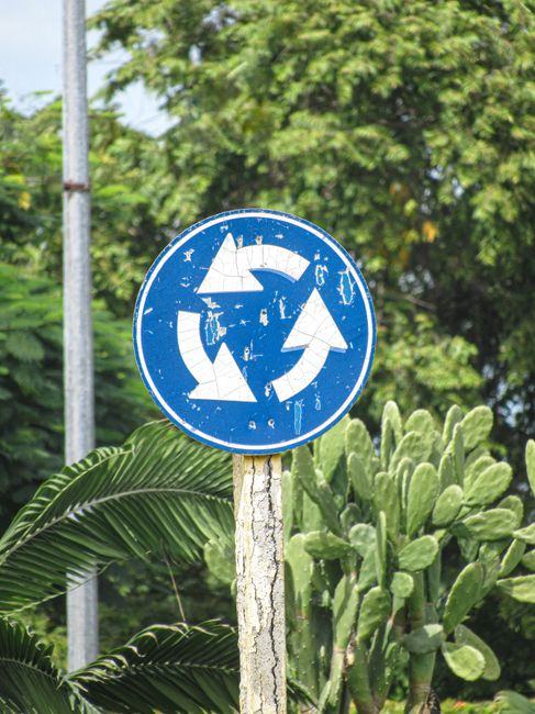 Old roundabout sign against green foliage, showcasing urban decay.