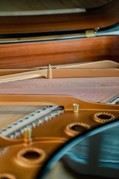 Detailed view of grand piano strings and frame, showcasing craftsmanship.