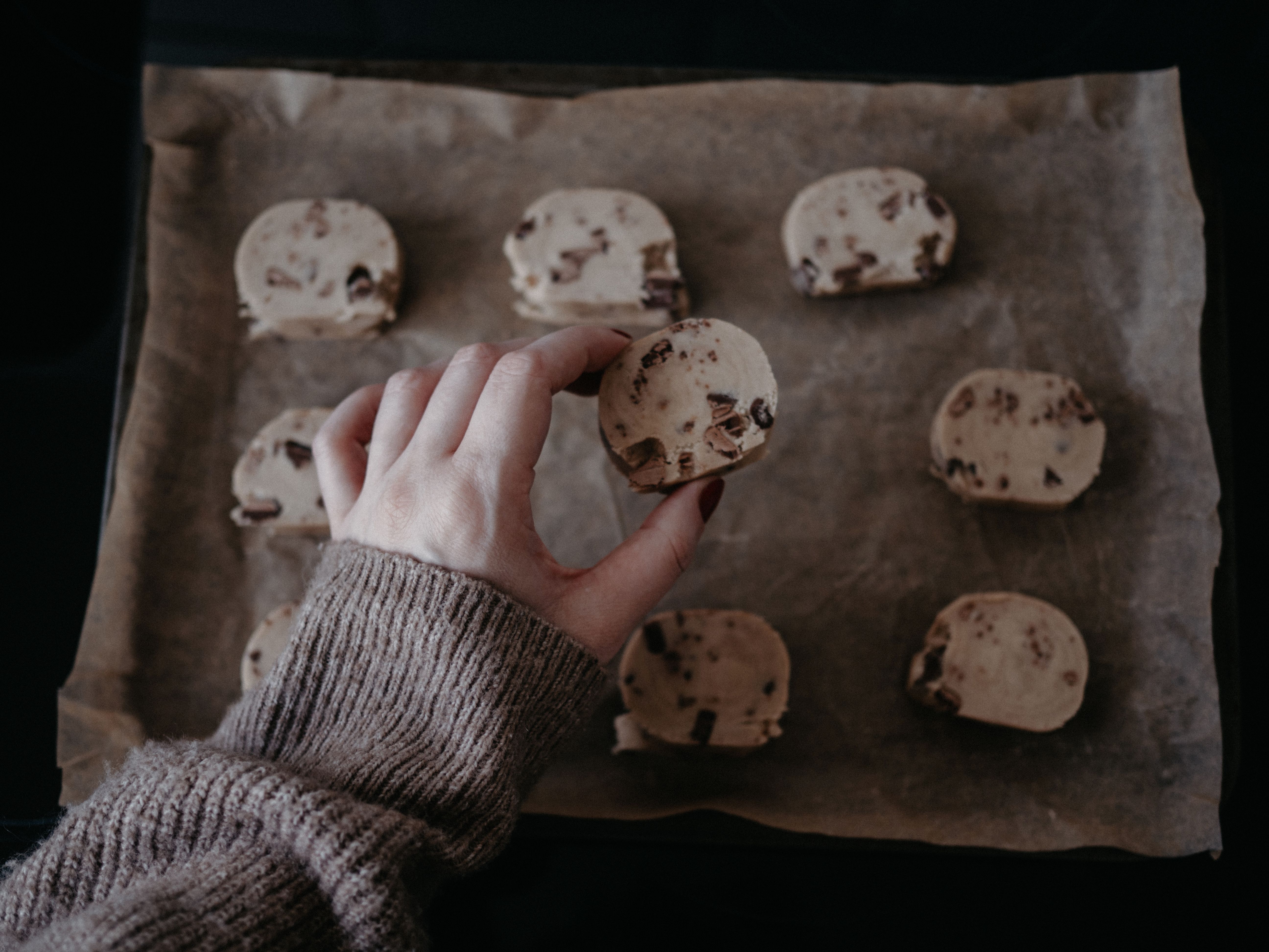 Close-up of edible cookie dough with chocolate chips