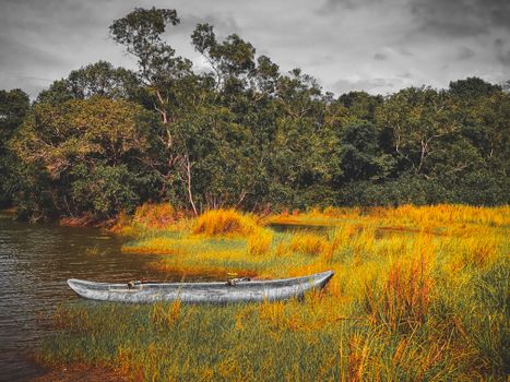 A serene scene of a lone canoe by a vibrant autumn riverbank surrounded by lush trees.