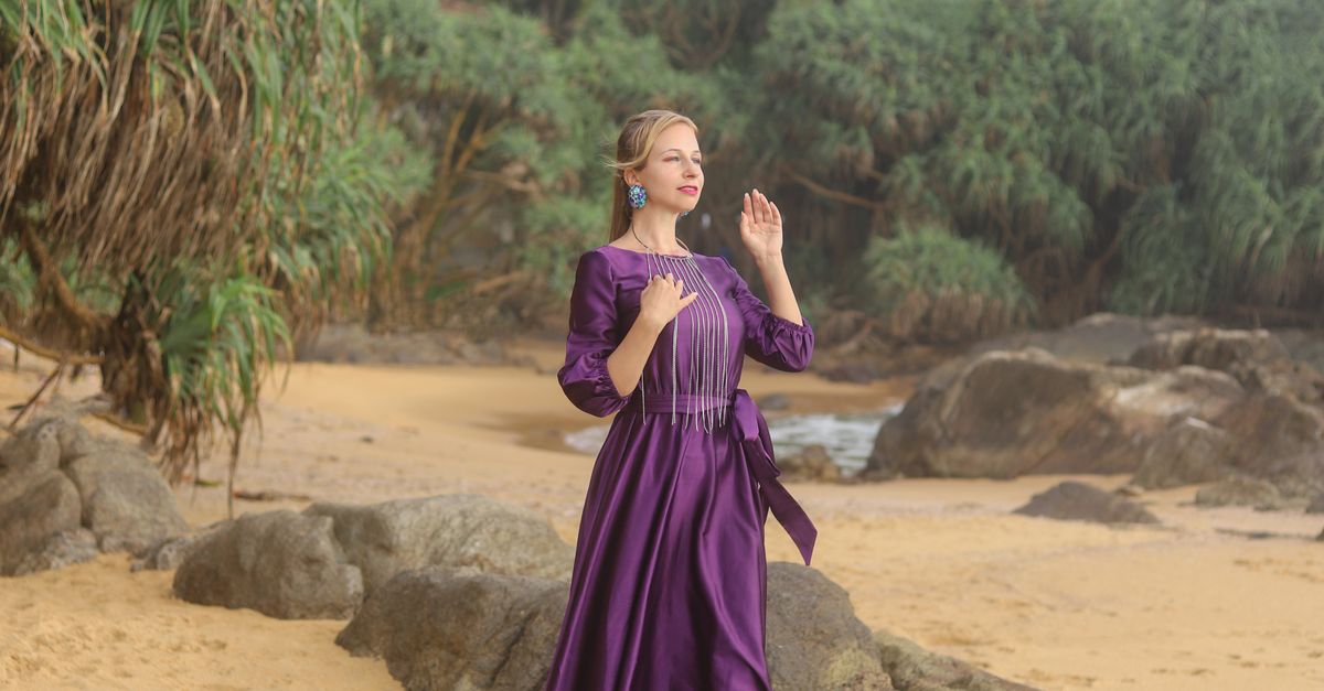 Elegant Woman in Purple Dress on Tropical Beach Free Stock Photo Elegant Woman in Purple Dress on Tropical Beach Free Stock Photo