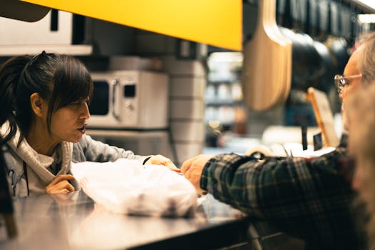 A vendor hands over a product to a customer at a bustling market counter.