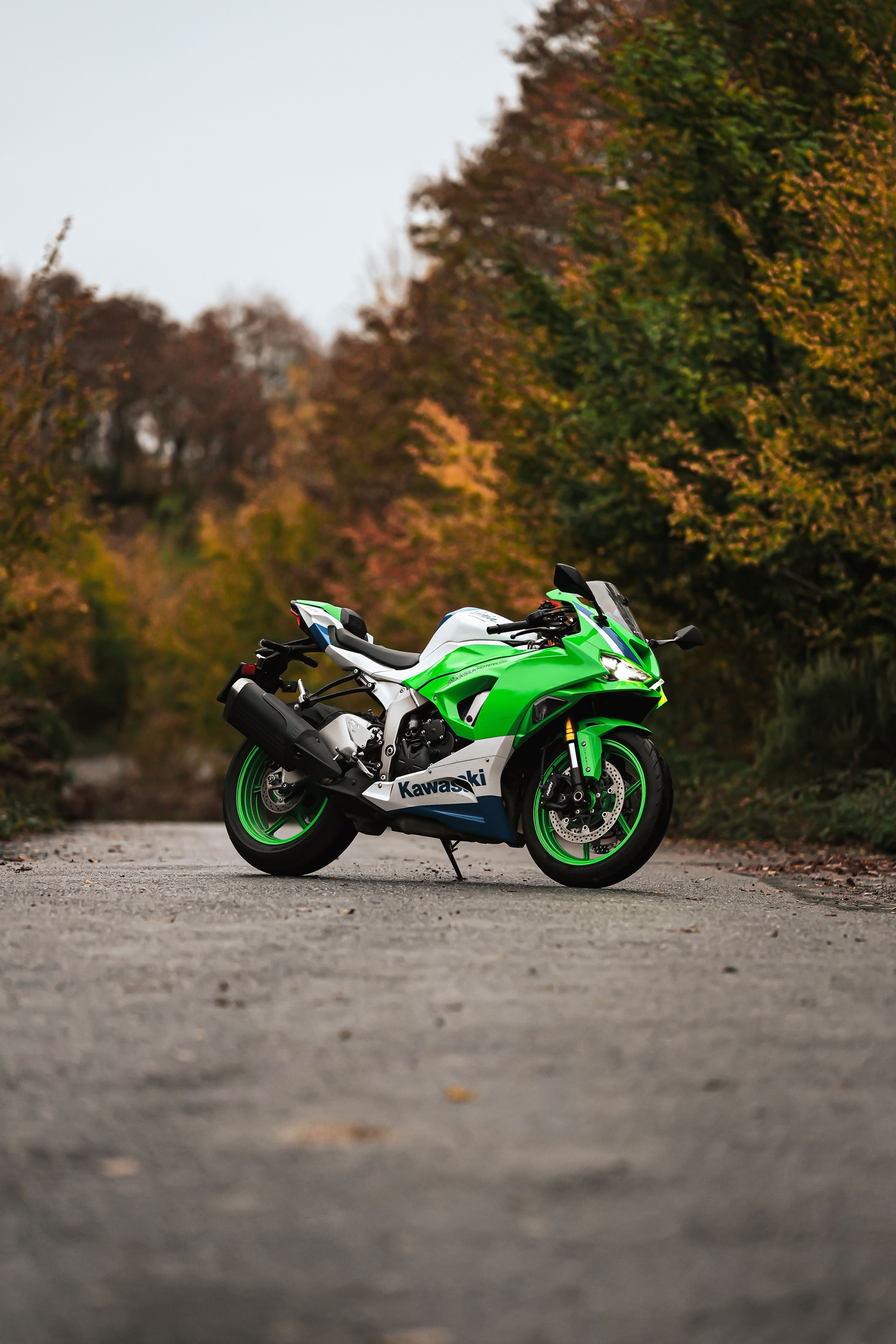 鮮やかな風景 Vibrant Green Kawasaki Motorcycle on Rural Road · Free Stock Photo