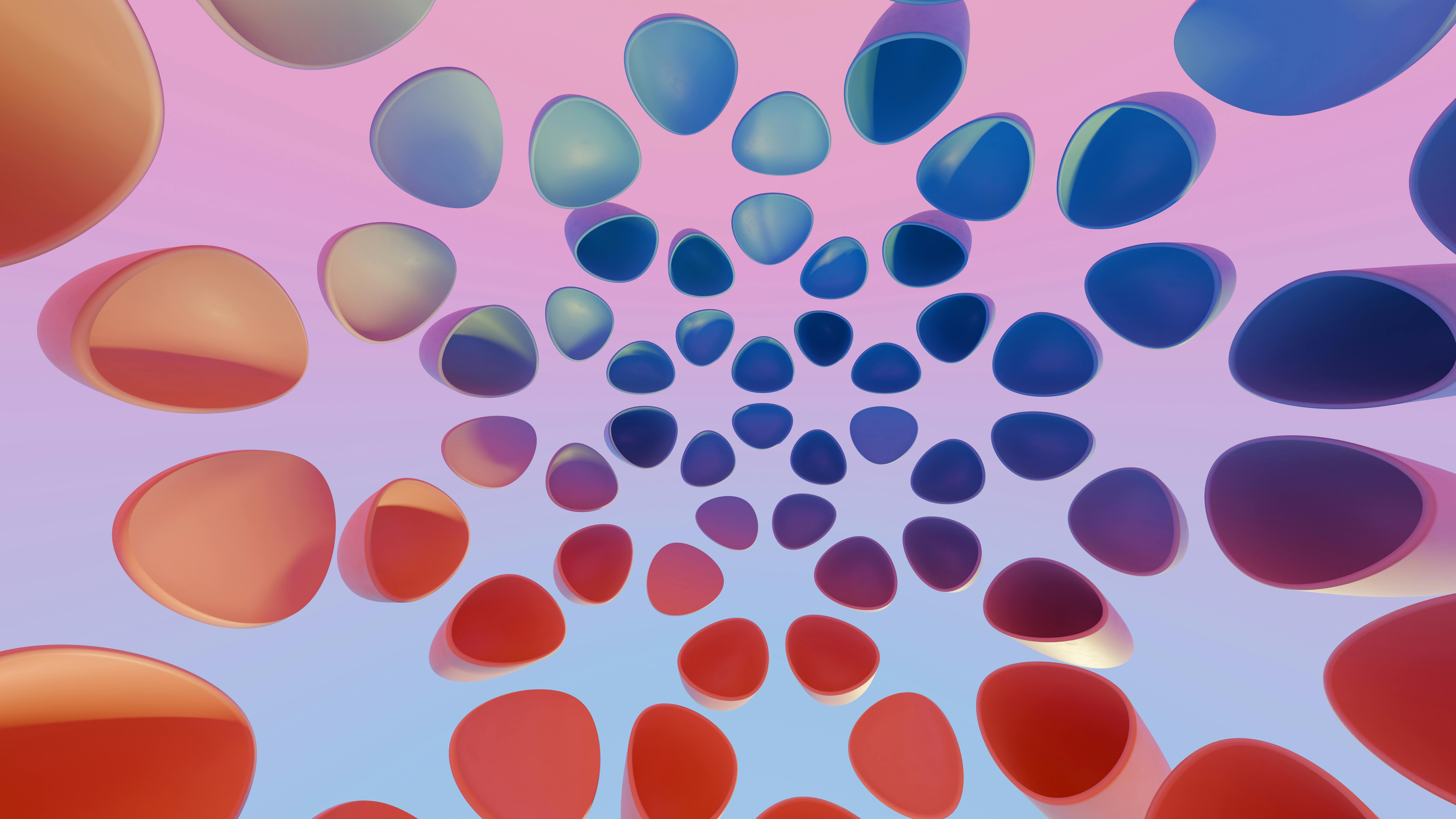 Dynamic abstract art with colorful geometric shapes in 3D render style.