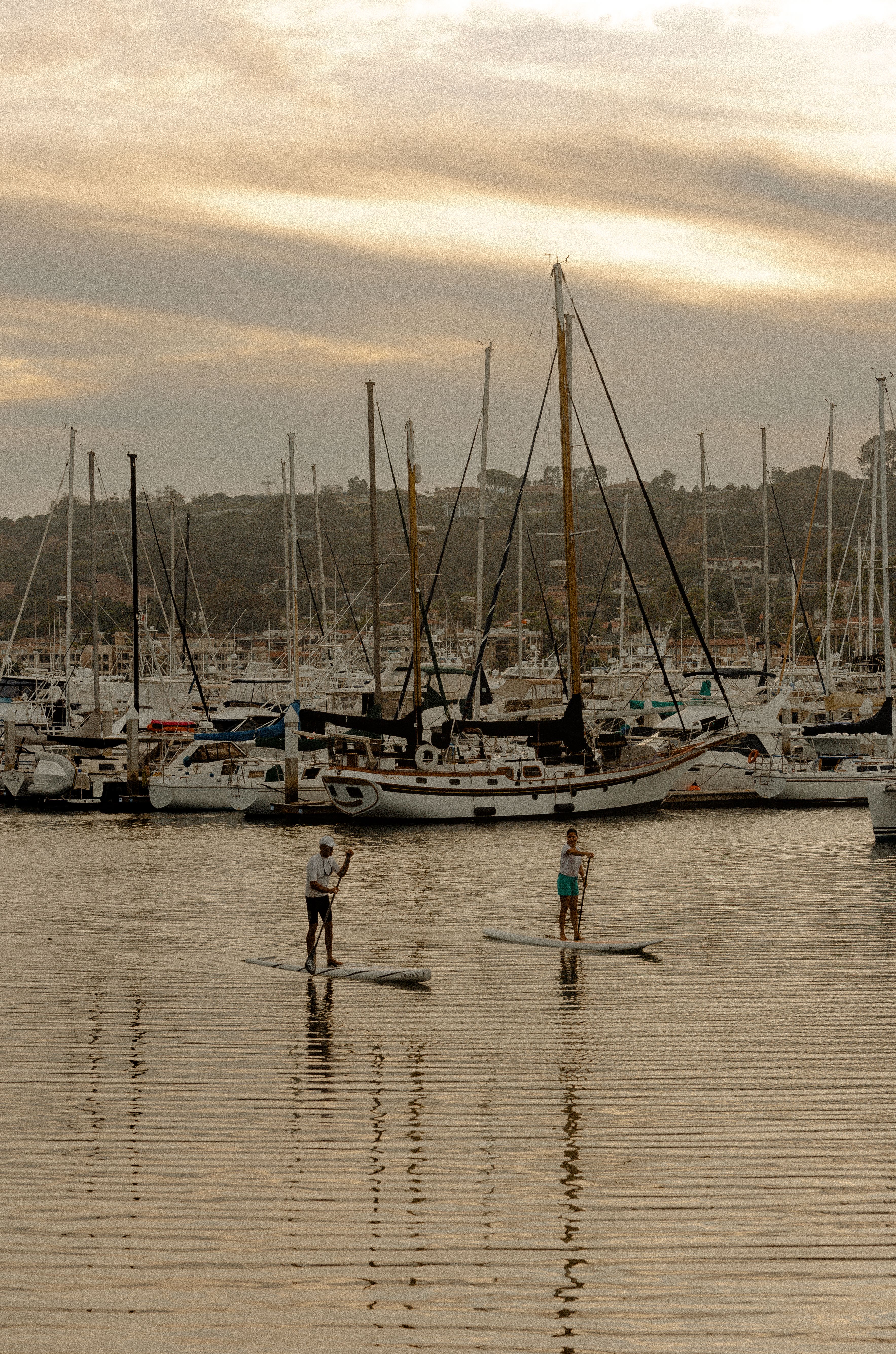 Two people paddle boarding at a marina surrounded by boats and a serene sunset.