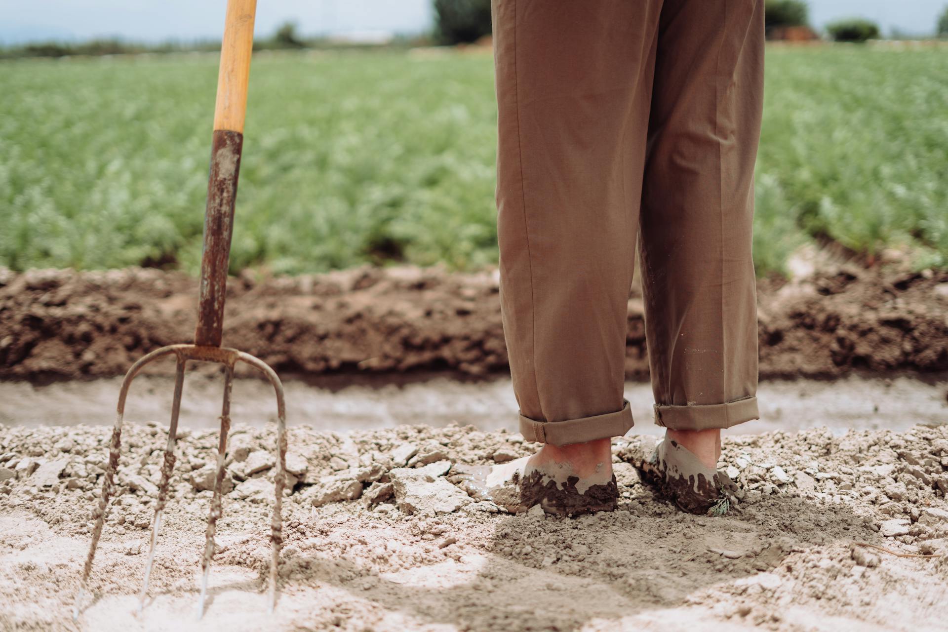 Man standing in muddy farm field with pitchfork in Mendoza, Argentina.