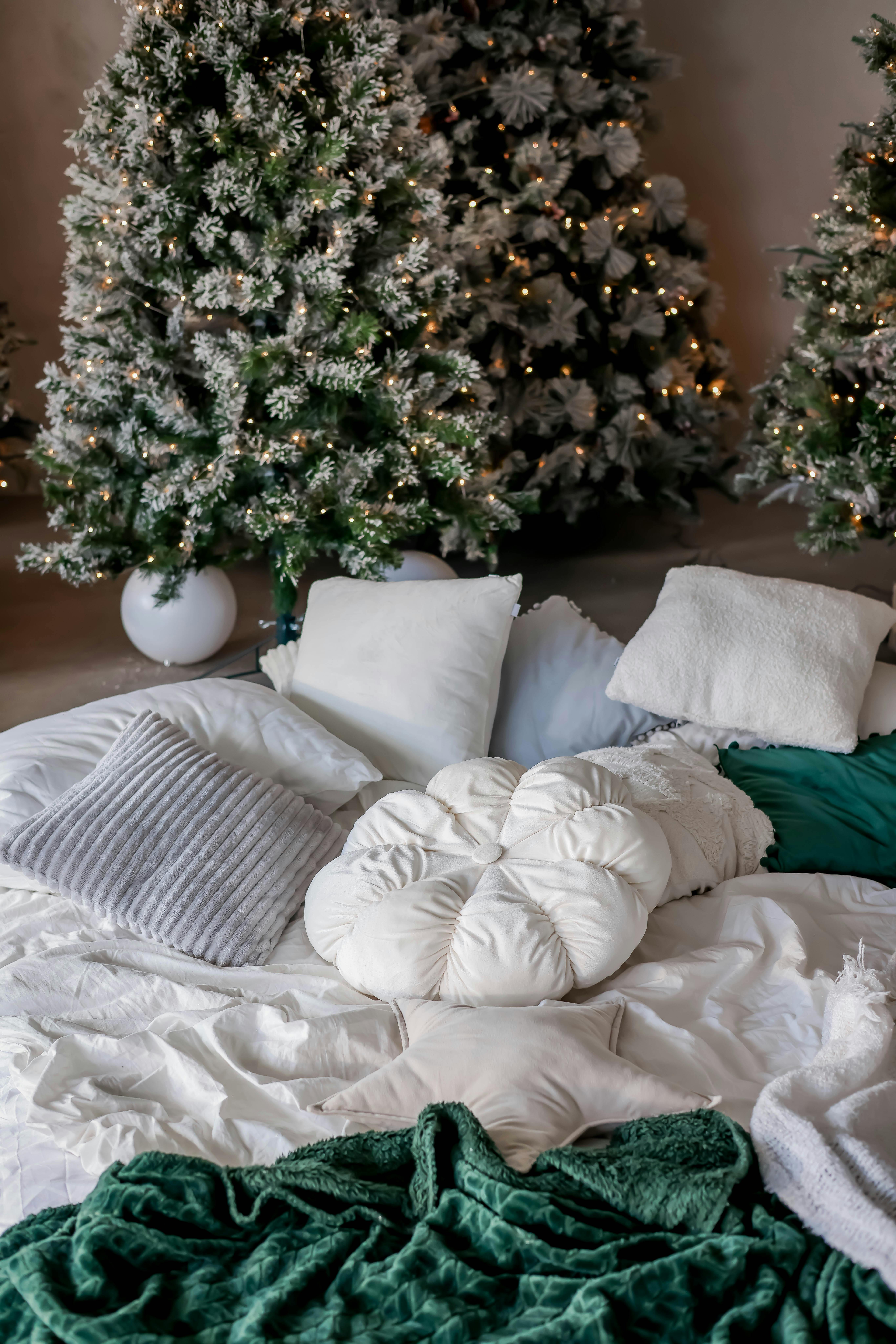 Inviting winter setting with Christmas trees, lights, and soft pillows.