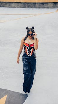 A fashionable woman walks confidently in modern streetwear, showcasing bold colors and styles.