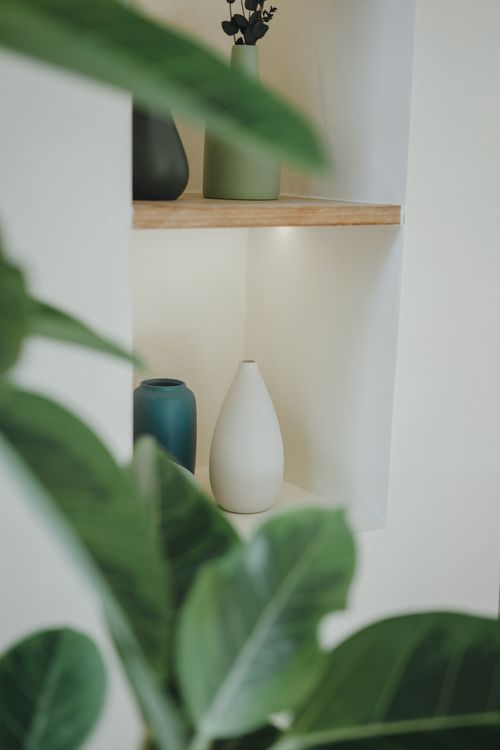 Free Minimalist interior with vases on a shelf and green leaves in the foreground. Stock Photo