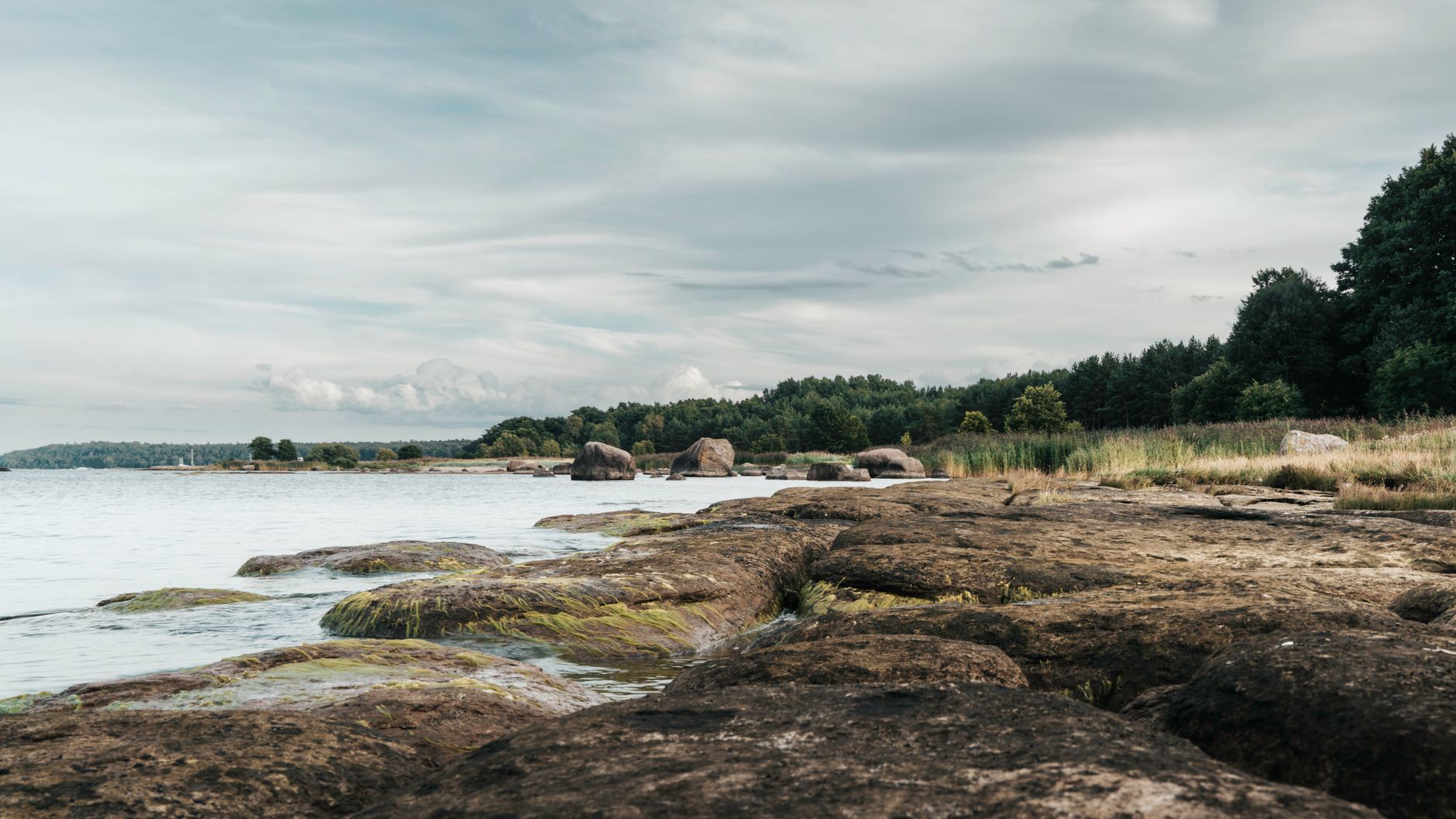 A serene untouched beach with rocky shorelines and a cloudy sky.