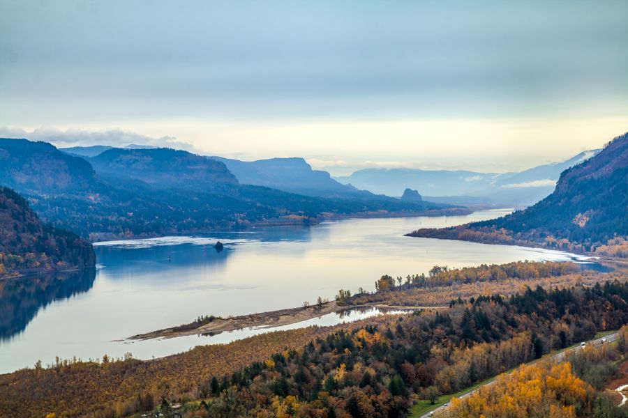 The Columbia River Gorge from the ridge trail, basalt canyon walls and river corridor below, Oregon