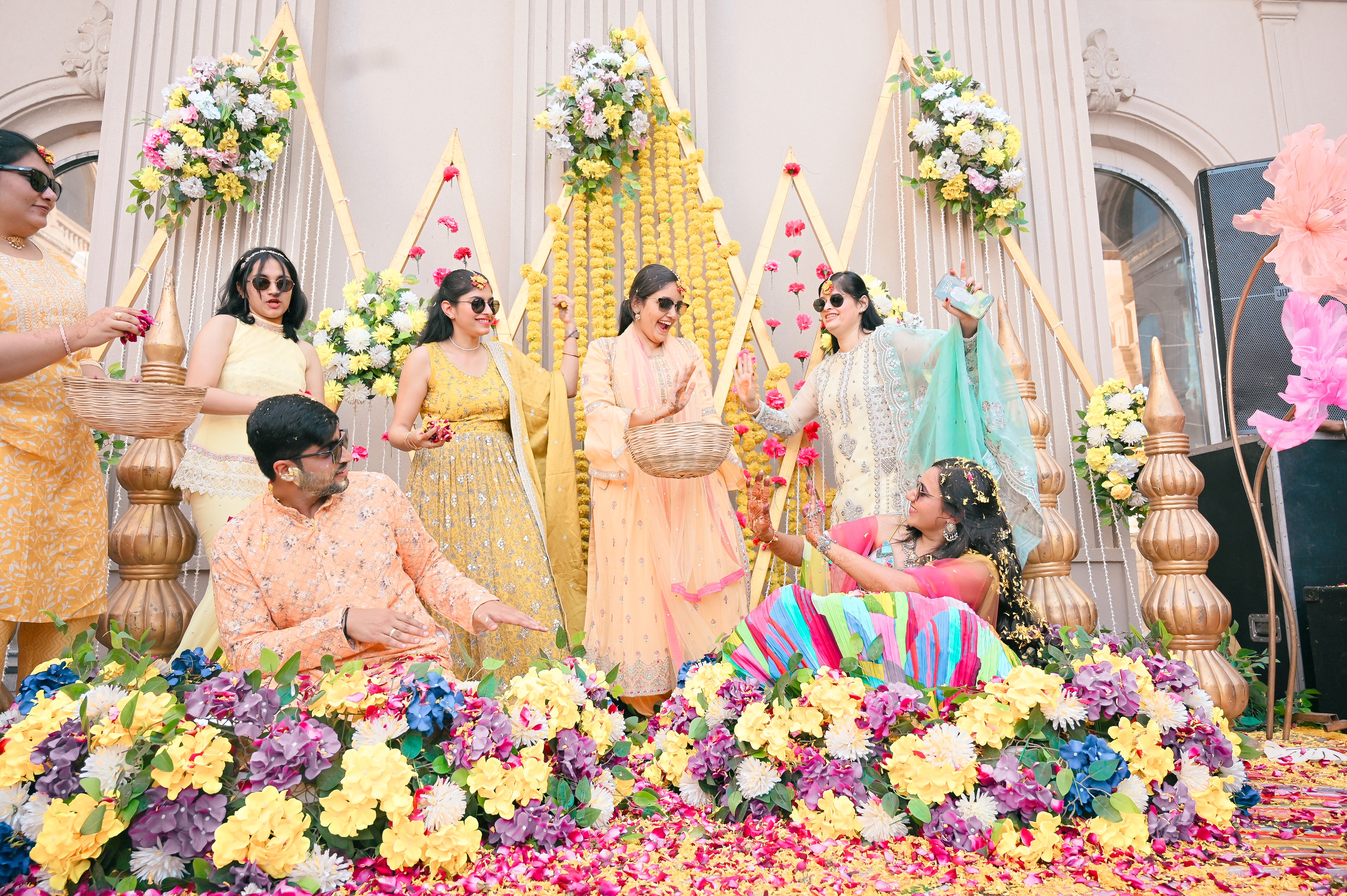 Guests at a colorful Indian wedding celebration