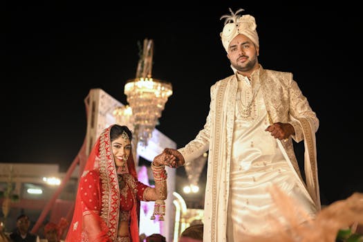 Bride and groom in traditional attire at a vibrant Indian wedding ceremony.