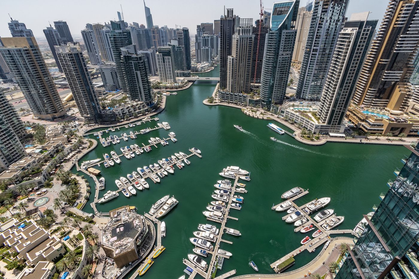 Aerial view of Dubai Marina towers and waterfront projects