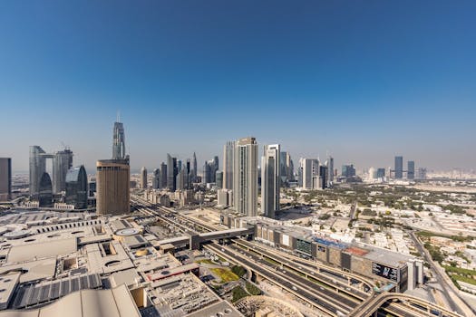Panoramic aerial view of Dubai's skyline, showcasing modern skyscrapers and urban landscape.
