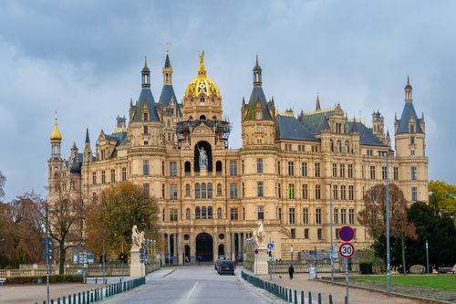 Free Stunning view of Schwerin Castle, a landmark in Germany, captured during autumn showcasing its grand architecture. Stock Photo