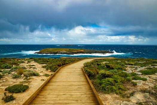 壮观的云层下，木制木板路通向令人惊叹的海景