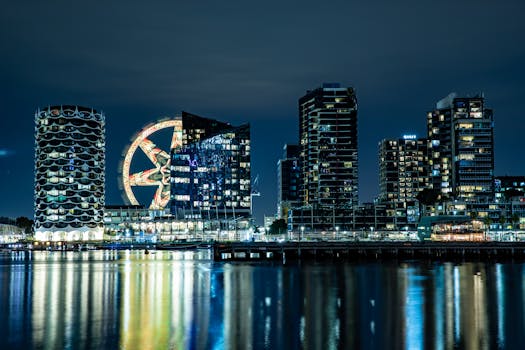 现代城市建筑的倒影在水中呈现出令人惊叹的夜间景观，明亮的摩天轮灯光更凸显了这一点