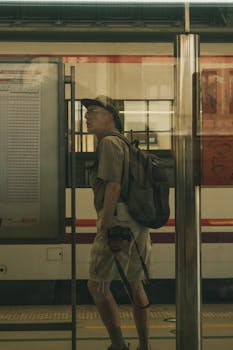 Man with camera and backpack at a train station platform, waiting.