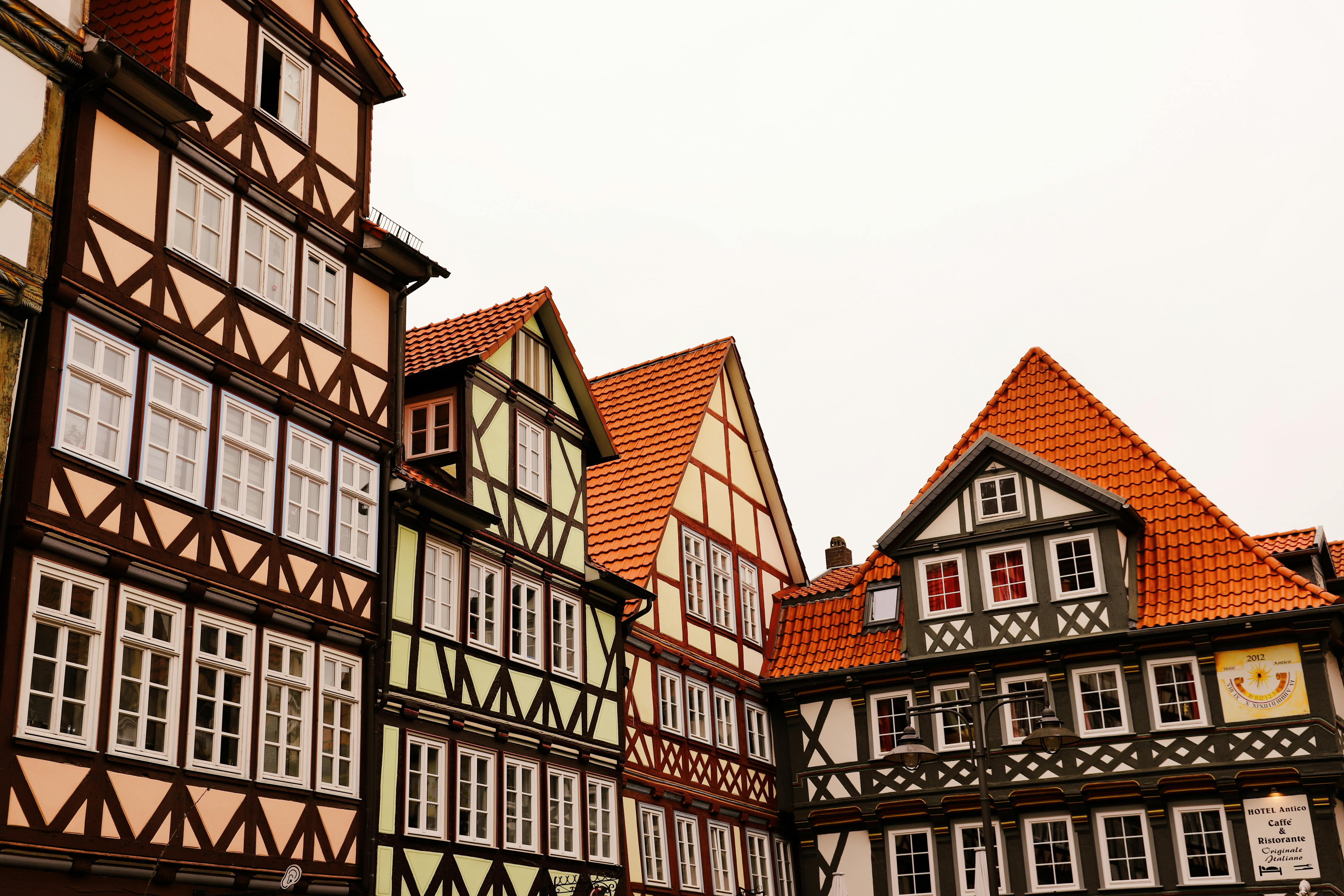 Charming half-timbered houses with distinctive red roofs in Hann. Münden, Germany.