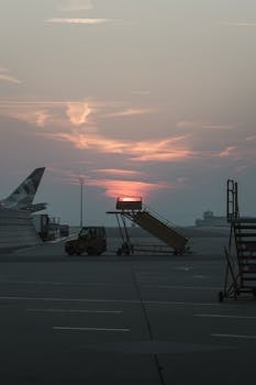 A serene sunset view at Schwechat Airport with silhouette elements.