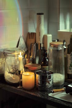 A warm kitchen setting featuring lit candles and kitchen utensils, creating a cozy atmosphere.