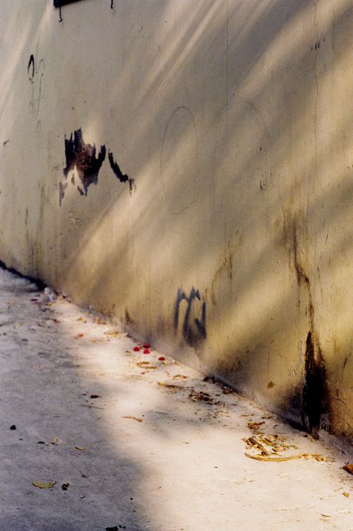 Free Sunlit urban wall with graffiti and shadows creating a gritty street vibe. Stock Photo