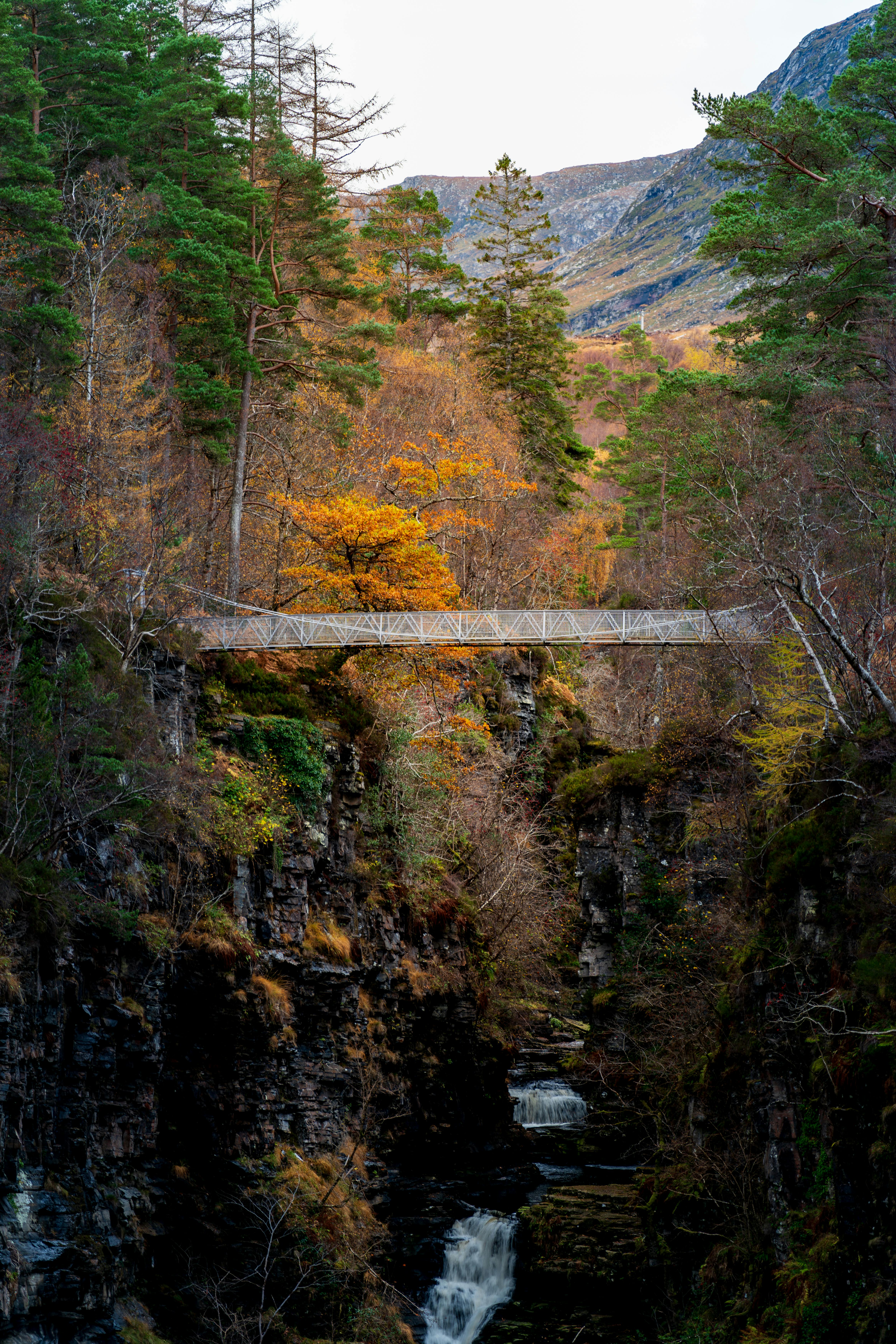 A picturesque autumn scene featuring a bridge over a gorge surrounded by colorful foliage and a cascading waterfall.