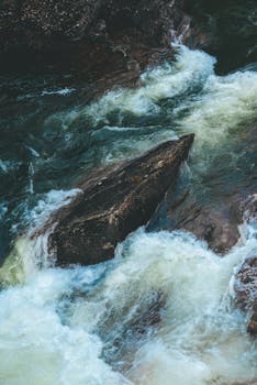 Dynamic river rapids swirling around rugged rocks, showcasing nature's raw power and beauty.