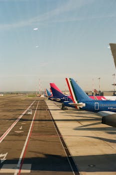 Airplanes lined up at Fiumicino Airport in Italy, showcasing vibrant tail designs under a clear sky.