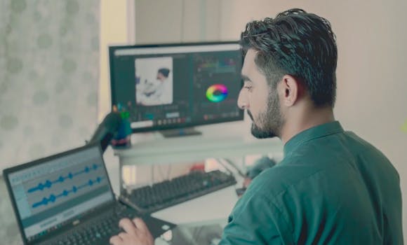 Man working in office on editing software with dual displays, laptop, and professional setup