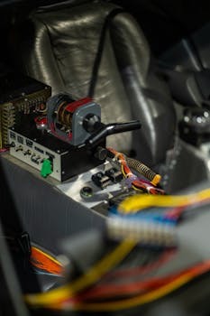 Detailed view of an electronic control unit with colorful wires and switches.