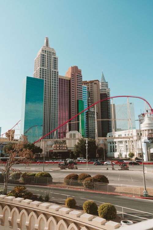 Free Scenic view of New York-New York Hotel and Casino in Las Vegas with roller coaster Stock Photo