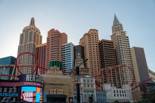 View of the iconic New York New York Hotel in Las Vegas featuring famous replicas of skyscrapers.