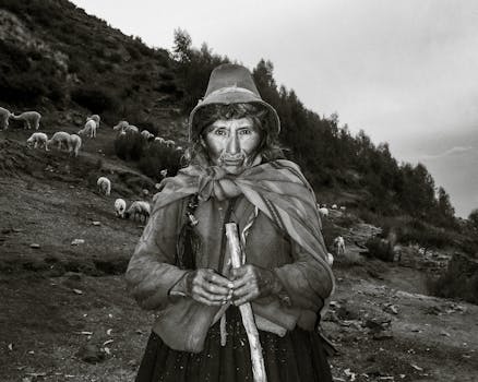 An indigenous woman from Cusco herding sheep in the Peruvian Andes.