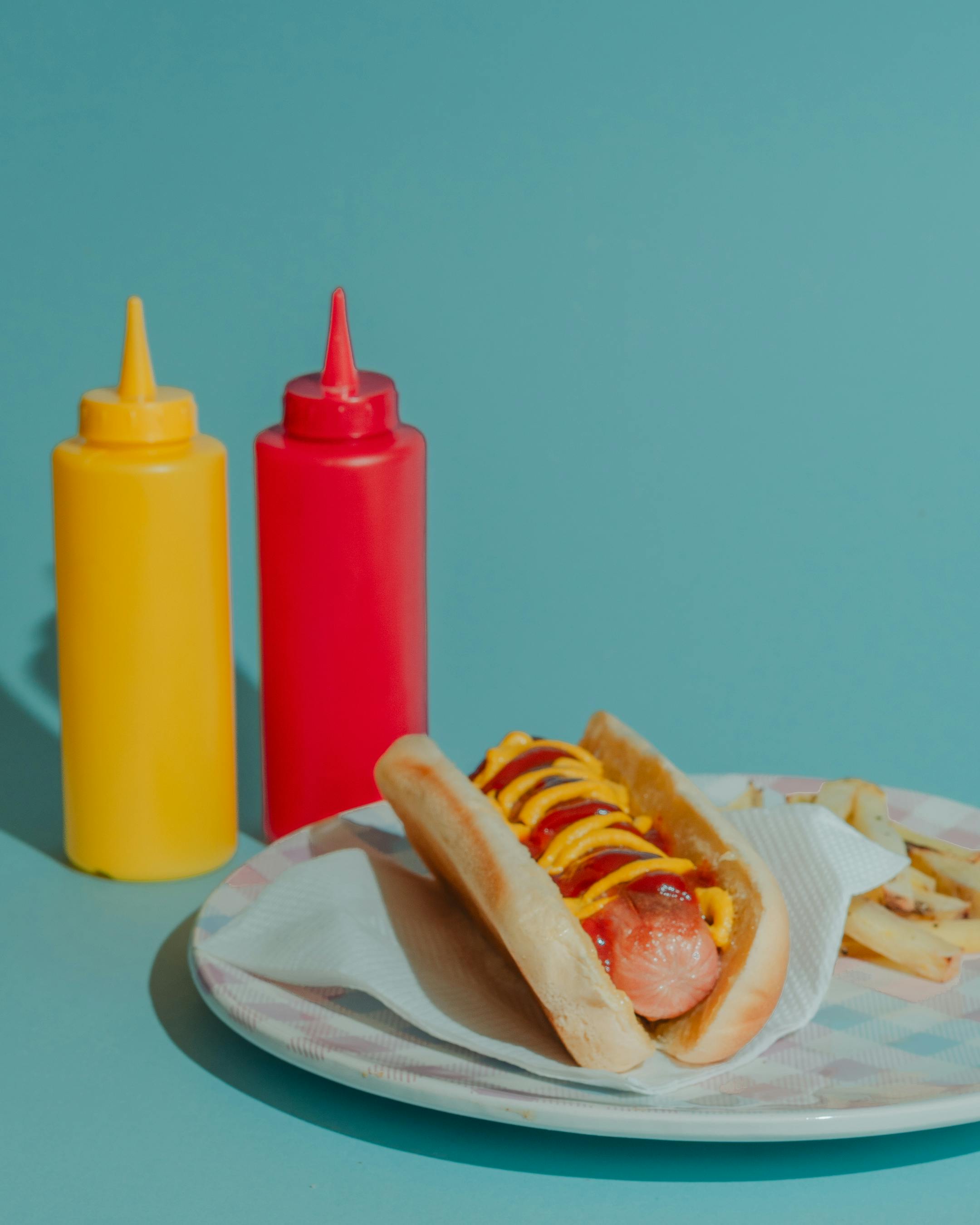 delicious hot dog with mustard and ketchup