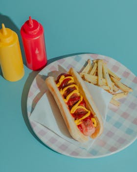 Tasty hot dog with mustard and ketchup, served with fries on a checkered plate.
