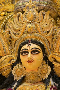 Intricately designed Goddess Durga idol during Durga Puja in Kolkata, India.