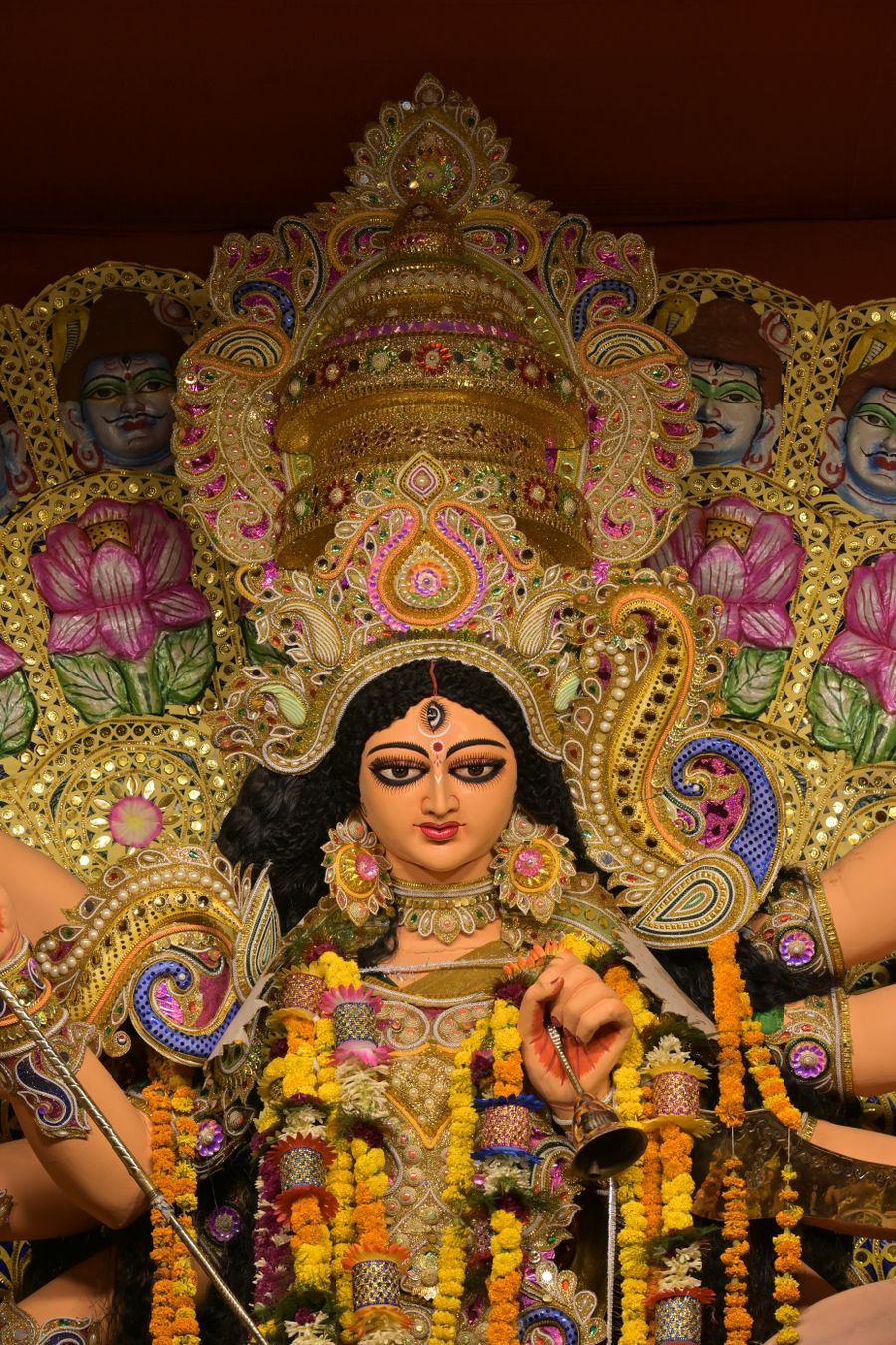 Adorned Durga idol at a Kolkata pandal