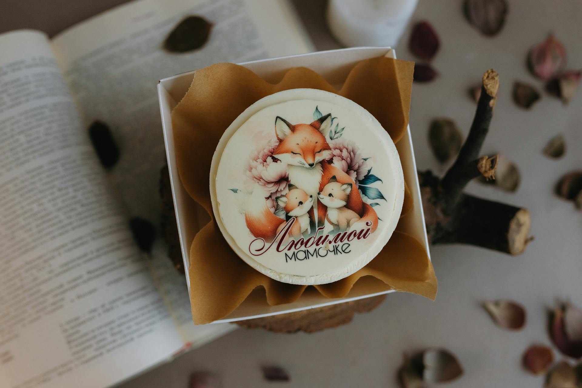 Beautiful fox themed cake in a gift box surrounded by leaves and book pages.