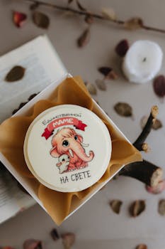 Adorable elephant cake design with Cyrillic text in a cozy setting. by ALINA MATVEYCHEVA