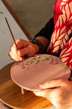 Artist creating floral design on a wooden disc, showcasing intricate hand-painting skills.