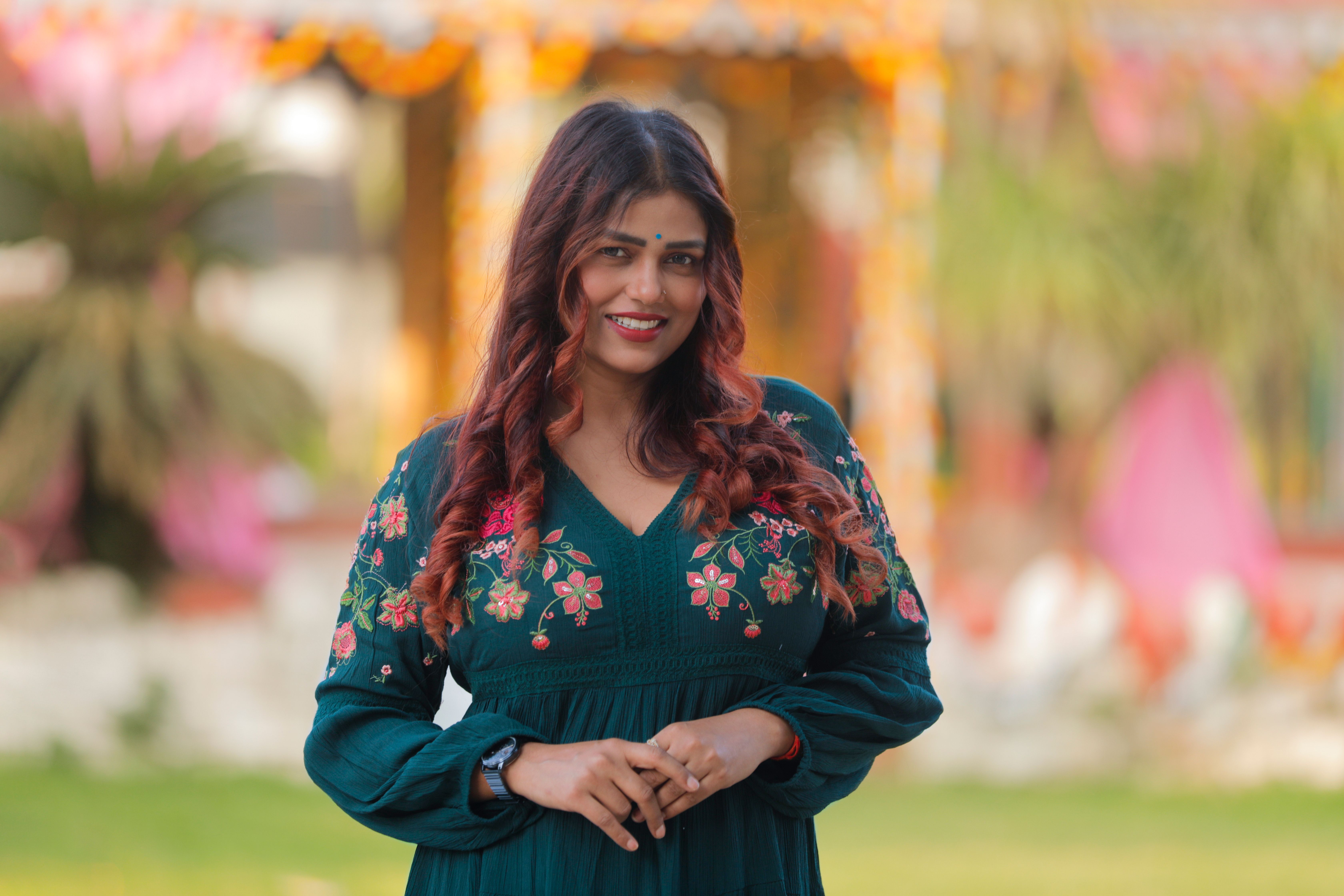 Chic Portrait of Woman in Floral Dress Outdoors · Free Stock Photo