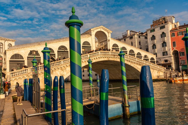 Rialto Bridge over the Grand Canal at sunset in Venice