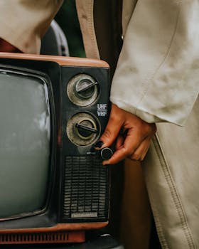 Retro-style image of a person adjusting controls on a vintage television set.